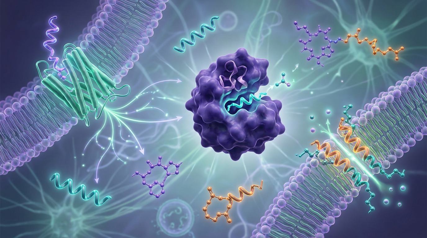 Intricate molecular diagram illustrating various research peptides interacting with cellular receptors, enzymes, and membranes, emphasizing the diverse mechanisms of action crucial for understanding certificate of analysis peptides.