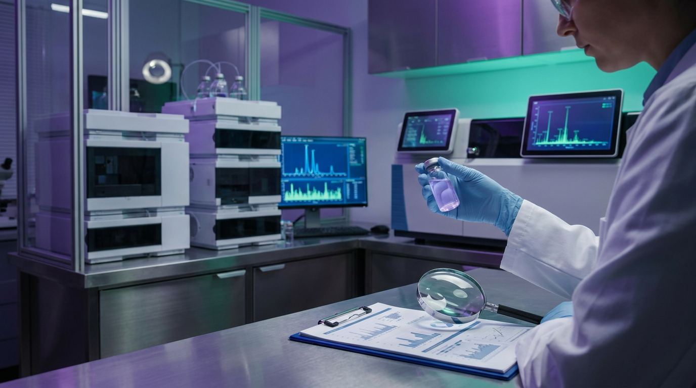 A scientist in a lab examining a high-purity peptide sample with a certificate of analysis, surrounded by analytical equipment, symbolizing the critical quality control for certificate of analysis peptides.