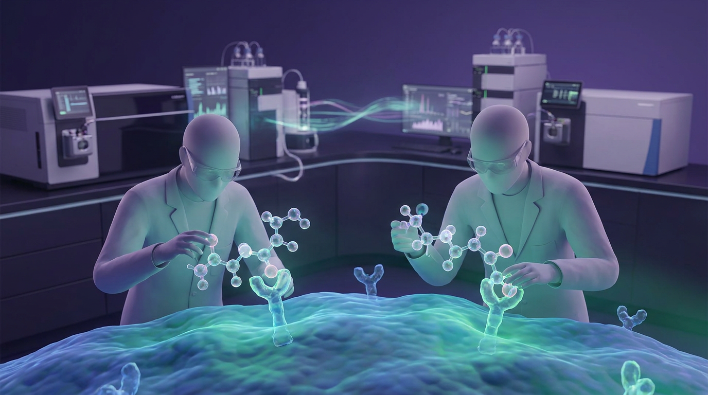Scientists in a high-tech lab classifying research peptides by their mechanism of action, with molecular models and advanced equipment, relevant to CJC-1295 ipamorelin research.