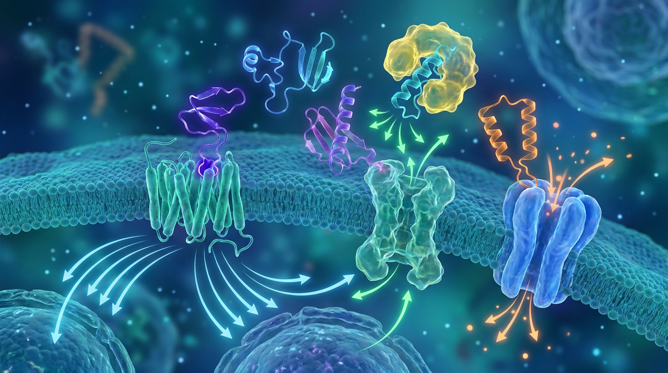 Visualizing diverse research peptide mechanisms, including GHS and GHRH interactions critical for CJC-1295 ipamorelin research, showing distinct molecular binding to cell receptors and signaling cascades.