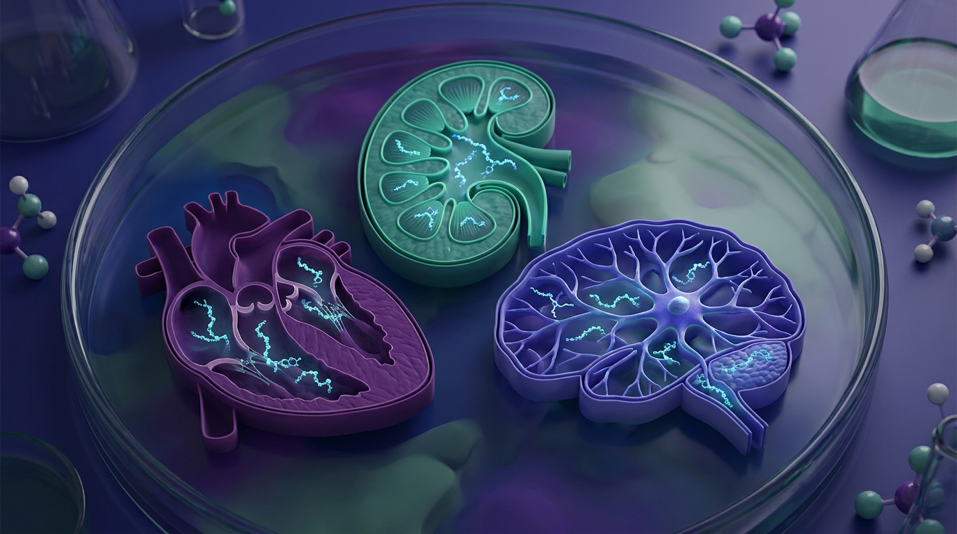 Microscopic view of regenerated tissues (cardiac, renal, neural) after SS-31 mitochondrial peptide intervention, demonstrating reduced oxidative stress and improved cellular health.