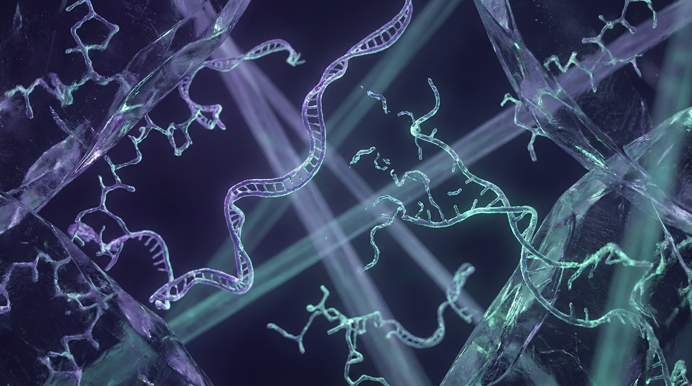 Detailed molecular representation of SS-31 mitochondrial peptide molecules amidst ice crystals, with light rays causing subtle structural changes, illustrating stability challenges in cold storage.