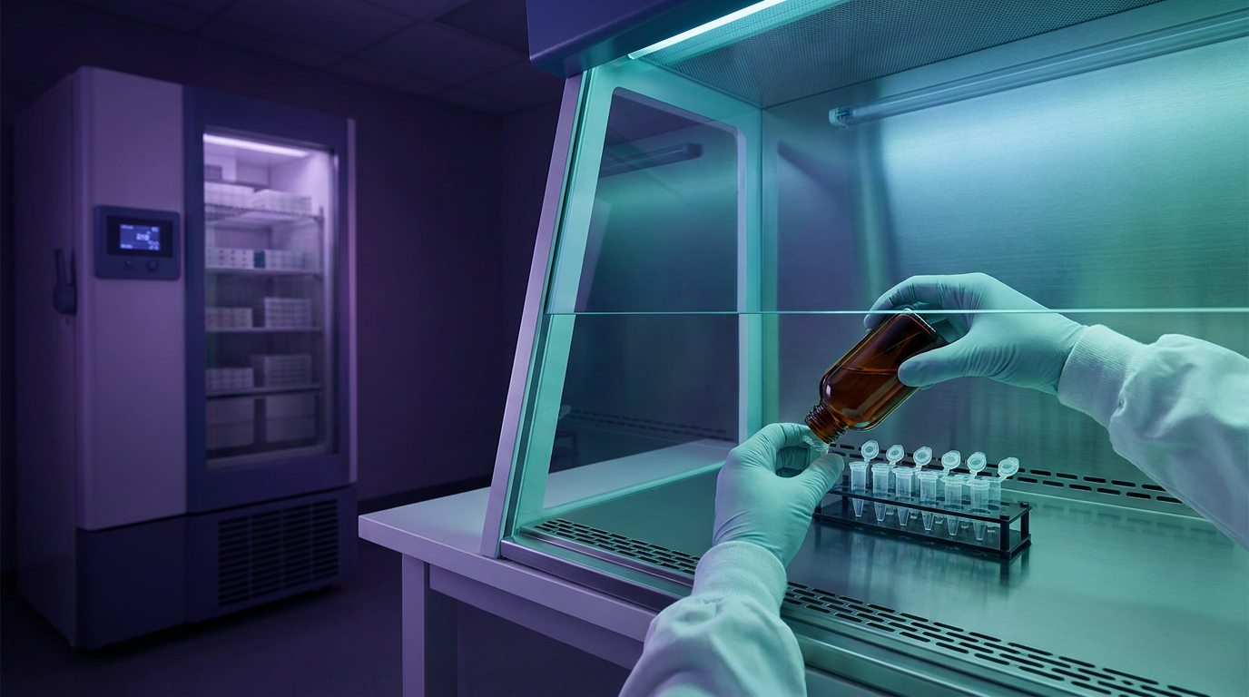 A scientist in a clean lab environment carefully aliquots SS-31 mitochondrial peptide solution from an amber vial, highlighting sterile technique and light protection practices for peptide stability.