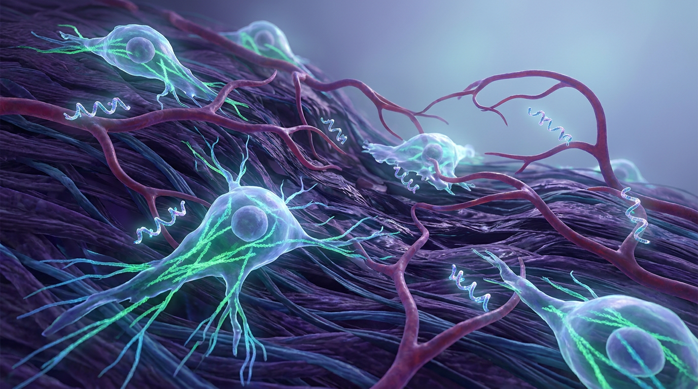 Microscopic view of cells migrating and new blood vessels forming in a wound, highlighting the role of TB-500 research peptide in tissue repair.