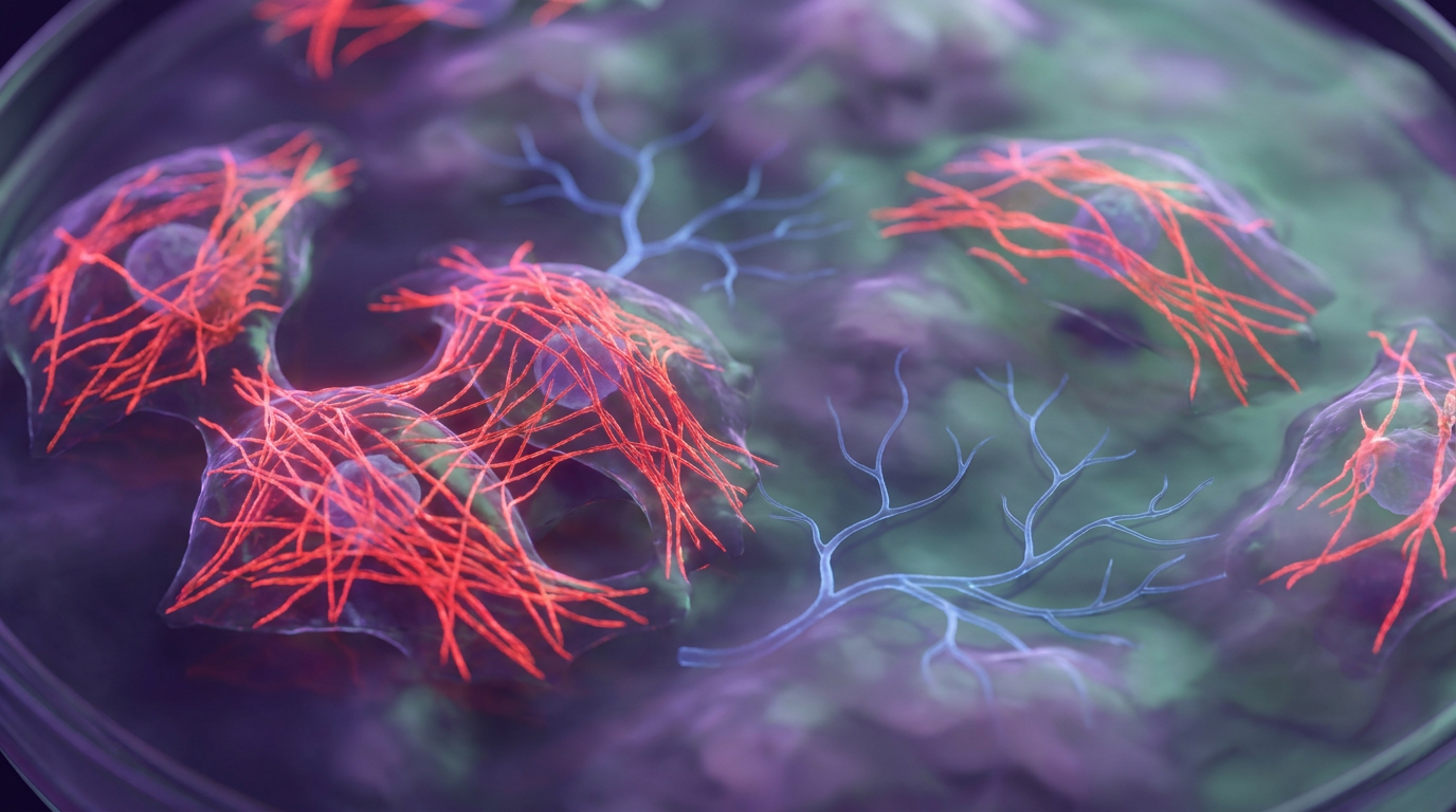 Microscopic visualization of cells undergoing repair, with glowing red actin filaments reorganizing and delicate blue new blood vessels forming, illustrating the regenerative effects of TB-500 research peptide.
