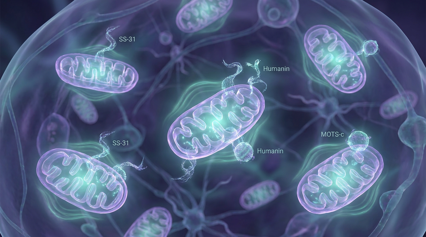 Artistic depiction of healthy mitochondria within a cell, showing intricate internal structures glowing with energy, and abstract representations of SS-31, Humanin, and MOTS-c peptides interacting with them to enhance mitochondrial function