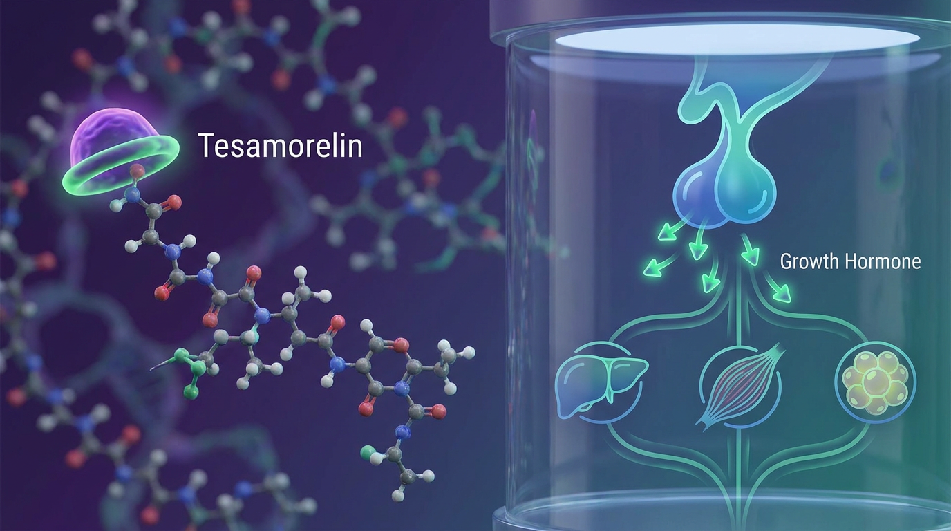 A molecular illustration of Tesamorelin highlighting its modified structure, emphasizing its role in stimulating growth hormone release from the pituitary gland, a key aspect of peptide reconstitution.