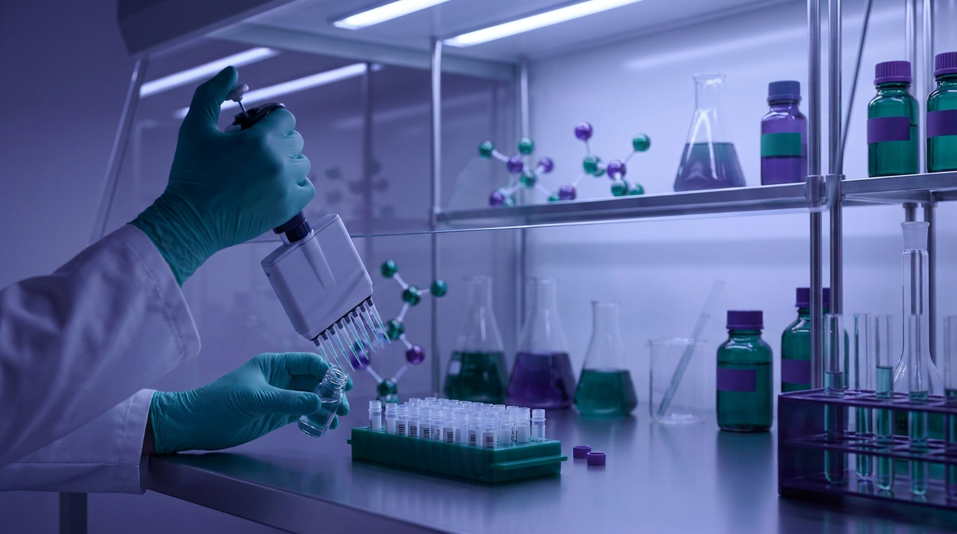 A laboratory scene showing meticulous peptide reconstitution, where a researcher is aliquoting a clear peptide solution into cryovials for storage, critical for maintaining peptide integrity.