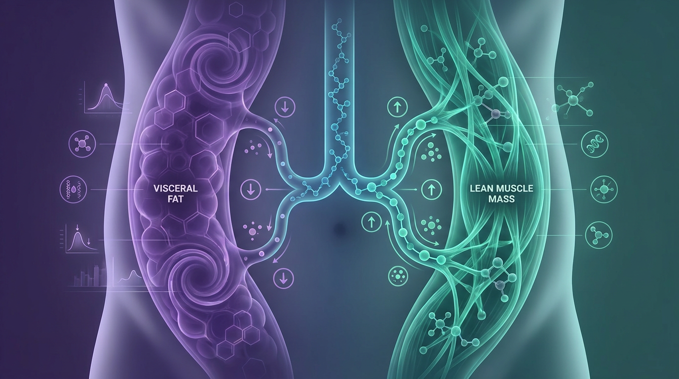 Infographic illustrating Tesamorelin research outcomes, contrasting visceral fat reduction with lean muscle maintenance and showing improved lipid profiles and glucose regulation, demonstrating its metabolic impact in research studies.
