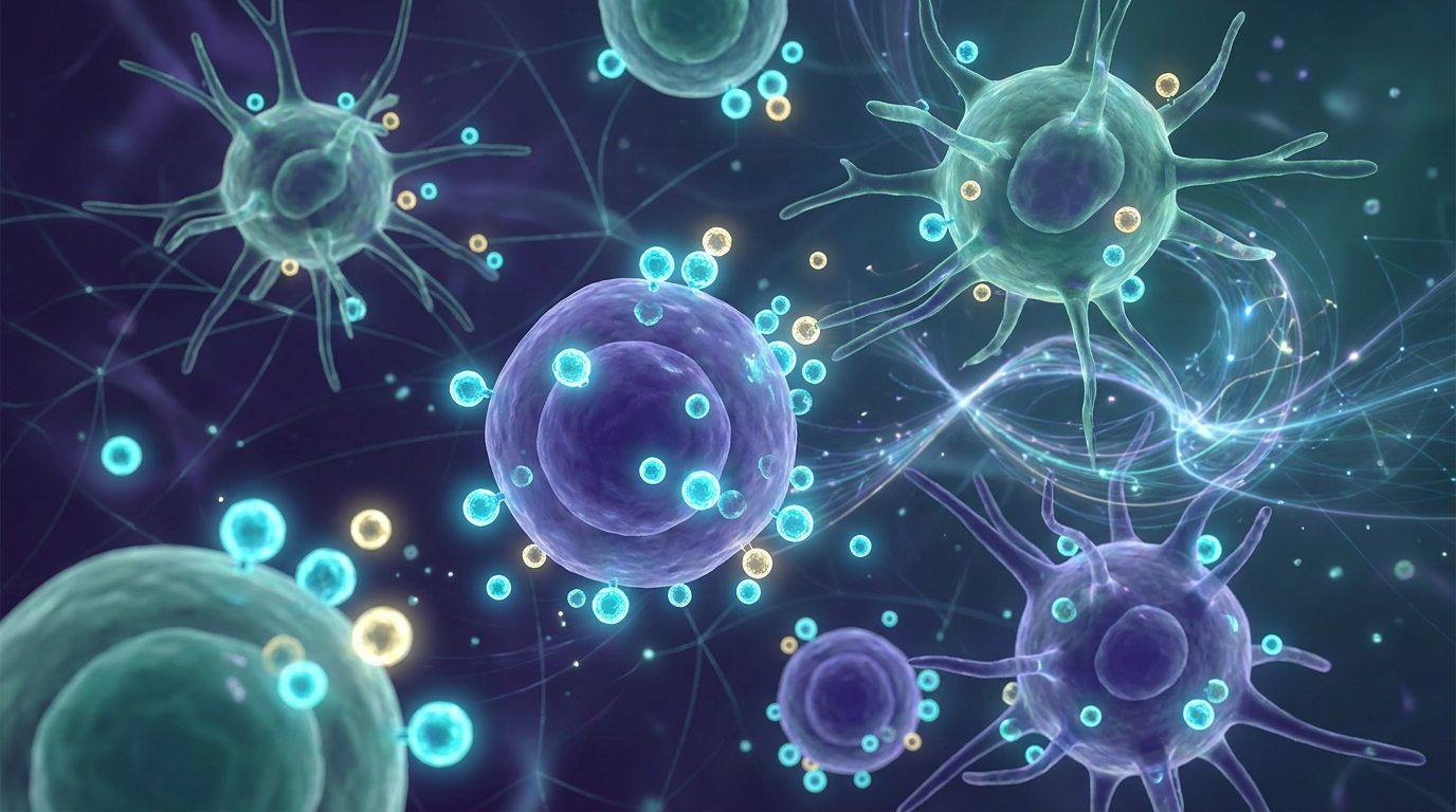 Dynamic immune cells interacting with Thymosin Alpha-1 peptide molecules, highlighting the intricate dance of immune signalling in research.