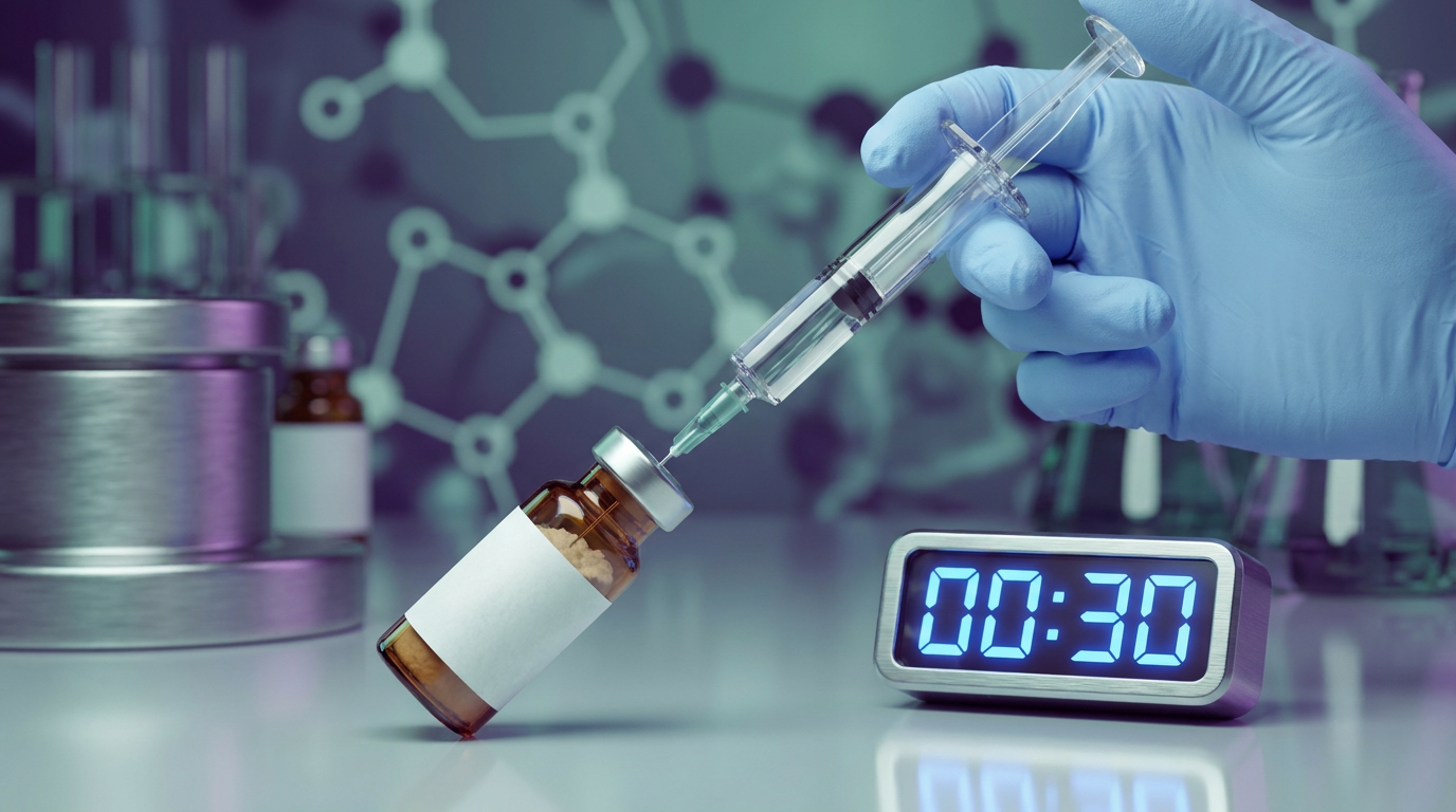 A close-up view of a lyophilized peptide vial and a syringe, illustrating the critical steps of peptide reconstitution for accurate lab research.