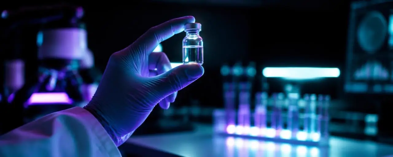 Researcher holding a clear glass vial up to the light