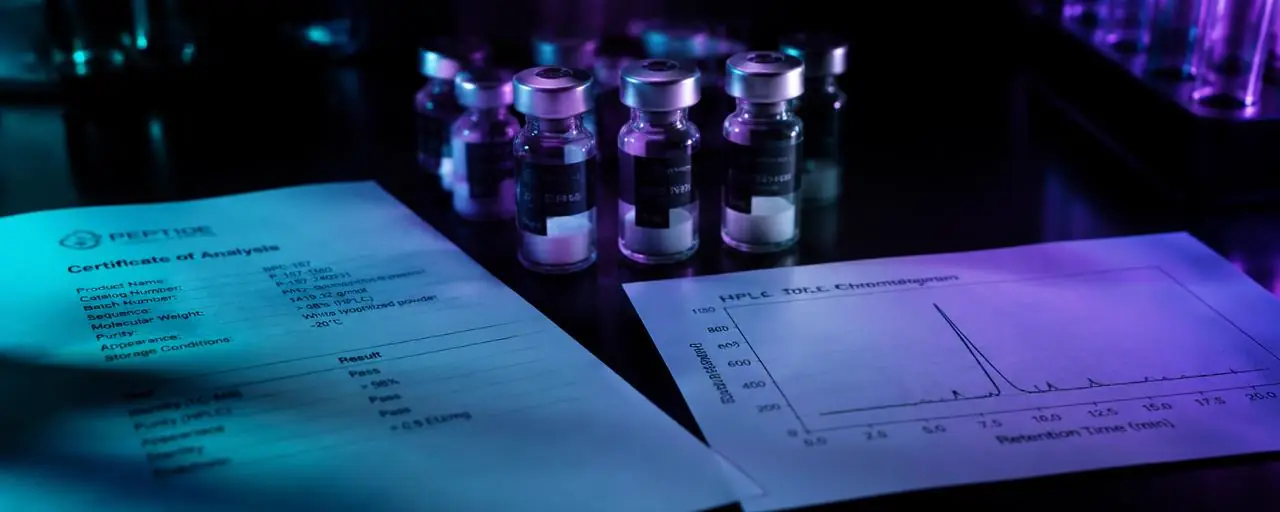 Peptide vials beside a certificate of analysis and HPLC chromatogram